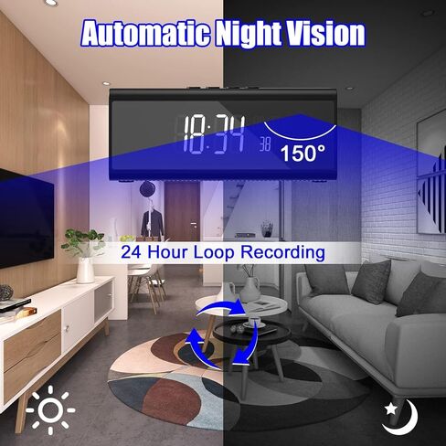 كاميرا واي فاي مخفية للتجسس، ساعة منبه مع مكبر صوت بلوتوث - ضوء مزاجي محيطي - كاميرا مربية عالية الدقة مع رؤية ليلية ومنبه كشف الحركة، تسجيل أمني مع تطبيق الهاتف للخارج/المنزل in Kuwait