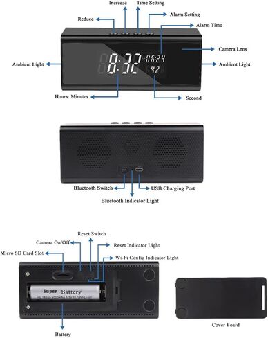 كاميرا واي فاي مخفية للتجسس، ساعة منبه مع مكبر صوت بلوتوث - ضوء مزاجي محيطي - كاميرا مربية عالية الدقة مع رؤية ليلية ومنبه كشف الحركة، تسجيل أمني مع تطبيق الهاتف للخارج/المنزل in Kuwait
