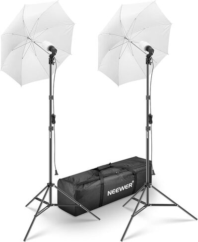 طقم إضاءة مظلة التصوير الفوتوغرافي NEEWER، 2 حزمة من مصابيح LED 24 وات معتمدة من UL 2160lm/5700K/CRI93+/15000h عمر افتراضي، مقابس بورسلين E26، مظلات، حوامل، مكافئ ساطع 400 وات، NK600 (قابس أمريكي) in Kuwait