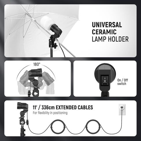 طقم إضاءة مظلة التصوير الفوتوغرافي NEEWER، 2 حزمة من مصابيح LED 24 وات معتمدة من UL 2160lm/5700K/CRI93+/15000h عمر افتراضي، مقابس بورسلين E26، مظلات، حوامل، مكافئ ساطع 400 وات، NK600 (قابس أمريكي) in Kuwait