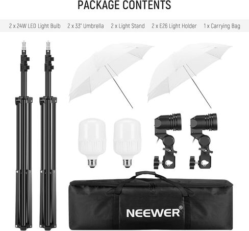 طقم إضاءة مظلة التصوير الفوتوغرافي NEEWER، 2 حزمة من مصابيح LED 24 وات معتمدة من UL 2160lm/5700K/CRI93+/15000h عمر افتراضي، مقابس بورسلين E26، مظلات، حوامل، مكافئ ساطع 400 وات، NK600 (قابس أمريكي) in Kuwait