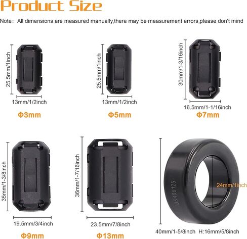 تايجويهوا 27 قطعة مشبك كابل مانع للضوضاء RFI EMI لكيبل بقطر 3 ملم/ 5 ملم/ 7 ملم/ 9 ملم/ 13 ملم مع حلقة فريت 40×24×16 ملم من الحديد الحلقي (اسود) in Kuwait