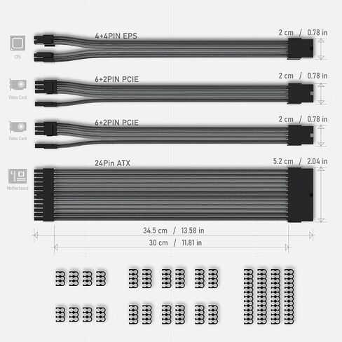 EZDIY-FAB PSU Cable Extension Kit, 18AWG Sleeved, ATX/EPS/PCIe, 30cm, Black | PET Sleeved Cables, Cable Combs Included, 4-Cable Extension, Flexible Routing, Clean Cable Setup, Custom PC Builds in Kuwait