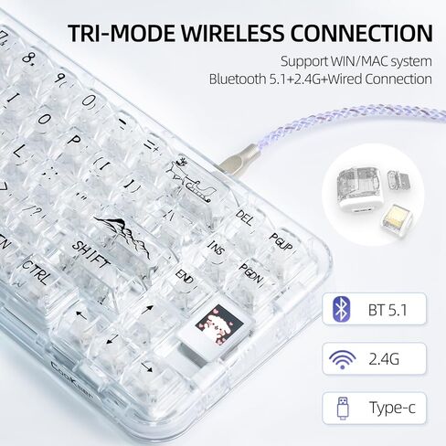 لوحة مفاتيح لاسلكية ثلاثية الأوضاع من CoolKiller CK68، لوحة مفاتيح ألعاب قابلة للتبديل السريع مع إضاءة خلفية RGB، لوحة مفاتيح ميكانيكية مع هياكل حشية لنظام التشغيل Windows/Mac (مفاتيح كتم الصوت البيضاء والثلجية) in Kuwait