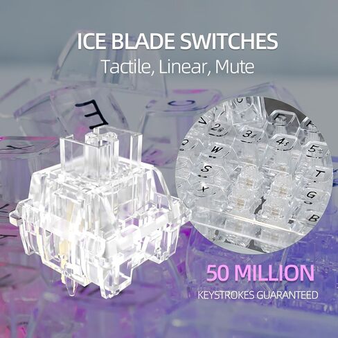 لوحة مفاتيح لاسلكية ثلاثية الأوضاع من CoolKiller CK68، لوحة مفاتيح ألعاب قابلة للتبديل السريع مع إضاءة خلفية RGB، لوحة مفاتيح ميكانيكية مع هياكل حشية لنظام التشغيل Windows/Mac (مفاتيح كتم الصوت البيضاء والثلجية) in Kuwait