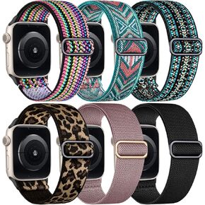 أساور حلقة منفردة من النايلون قابلة للتمدد من WJK متوافقة مع ساعة Apple 38 مم 40 مم 41 مم 42 مم 44 مم 45 مم للنساء والرجال، أساور معصم مرنة رياضية مضفرة قابلة للتعديل لـ iWatch Ultra Ultra2 SE2 SE Series 9 8 7 6 5 4 3 2 1، 6 حزم in Kuwait