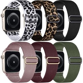 WJK Stretchy Nylon Solo Loop Bands Compatible with Apple Watch 38mm 40mm 41mm 42mm 44mm 45mm for Women Men, Adjustable Braided Sport Elastic Wristbands for iWatch Ultra Ultra2 SE2 SE Series 9 8 7 6 5 4 3 2 1, 6 Packs