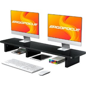 حامل شاشة مزدوج من Ergofoucs، حامل شاشة كبير جدًا لشاشتين، حامل شاشة خشبي مزدوج لسطح الطاولة بالكامل للمكتب مع مساحة تخزين لملحقات المكتب in Kuwait