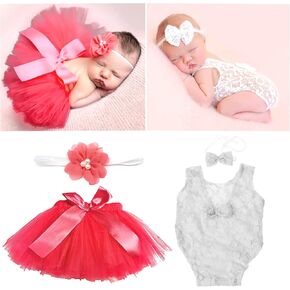 SPOKKI 4 PCS Newborn Photography Props Outfits-BabyTutu Skirt Cute Bow Headdress and Lace Rompers Flower Headband Sets for Infants Girl Boy