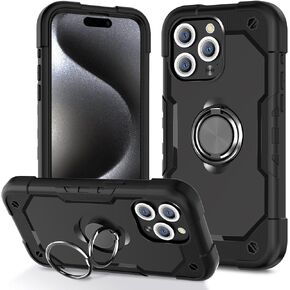 for iPhone 15 Pro Max Case 6.7 inch, Heavy-Duty Shockproof and Drop Proof Protective Phone Case with Adjustable Ring Stand, Resistant to Impacts Three Layer Full Protection, Black in Saudi Arabia