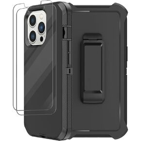 حافظة لهاتف iPhone 14 Pro Max (6.7 بوصة) مع حافظة مشبك حزام، واقي شاشة 2X، غطاء واقٍ مقاوم للصدمات لكامل الجسم من الدرجة العسكرية لهاتف iPhone 14 Pro Max (أسود أزرق)
