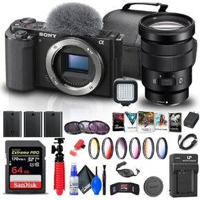 Sony ZV-E10 Mirrorless Camera (Body Only, Black) (ILCZV-E10/B) + Sony 18-105mm Lens + 64GB Card + Color Filter Kit + Filter Kit + Corel Photo Software + Bag + 2 x NPF-W50 Battery + More (Renewed)