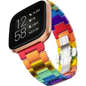 سوار GELISHI ملون متوافق مع أساور Fitbit Versa/Versa 2 /Versa Lite، سوار ساعة معدني رفيع للغاية من الألومنيوم سريع الفك بديل للنساء والفتيات - قوس قزح in Kuwait