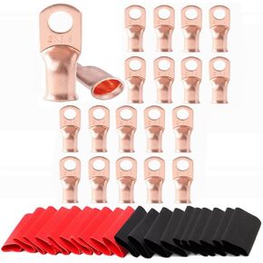 20pcs 1/0AWG-3/8"Battery Lugs,Copper Wire Lugs,Heavy Duty Battery Cable Ends,Tubular Ring Terminals,AWG Crimp Wire Ring Lugs,Battery Terminal Connectors with 3:1 Heat Shrink Tubing