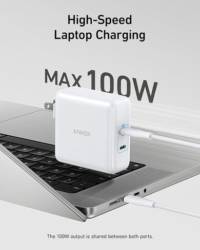 شاحن Mac Book Pro، شاحن Anker سريع 100 واط، محول طاقة بمنفذين - متوافق مع أجهزة USB C بما في ذلك MacBook Pro/Air، iPad Pro، iPhone 15/Pro/Pro Max، Google Pixelbook (الكابل غير متضمن) in Saudi Arabia