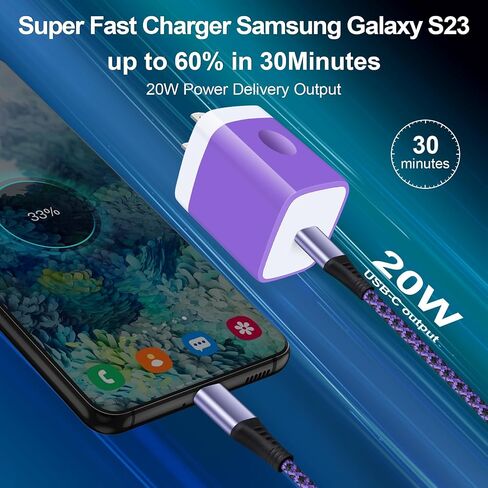 محول شاحن حائط سريع 20 وات PD USB C مع كابل شحن 6FT C إلى C لهاتف iPhone 15/15 Pro/15 Pro Max، كتلة شاحن USB C لهاتف Samsung Galaxy S23 FE/S23 Ultra/S23+/S23/S22 Ultra/S22+/S22/ إس21 ألترا/إس21+ in Saudi Arabia