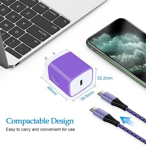 محول شاحن حائط سريع 20 وات PD USB C مع كابل شحن 6FT C إلى C لهاتف iPhone 15/15 Pro/15 Pro Max، كتلة شاحن USB C لهاتف Samsung Galaxy S23 FE/S23 Ultra/S23+/S23/S22 Ultra/S22+/S22/ إس21 ألترا/إس21+ in Saudi Arabia