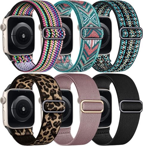 أساور حلقة منفردة من النايلون قابلة للتمدد من WJK متوافقة مع ساعة Apple 38 مم 40 مم 41 مم 42 مم 44 مم 45 مم للنساء والرجال، أساور معصم مرنة رياضية مضفرة قابلة للتعديل لـ iWatch Ultra Ultra2 SE2 SE Series 9 8 7 6 5 4 3 2 1، 6 حزم in Kuwait