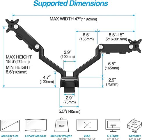 AVLT Dual 17"-35" Monitor Arm Desk Mount fits Two Flat/Curved Monitor Full Motion Height Swivel Tilt Rotation Adjustable Monitor Arm - VESA/C-Clamp/Grommet/Cable Management in Saudi Arabia