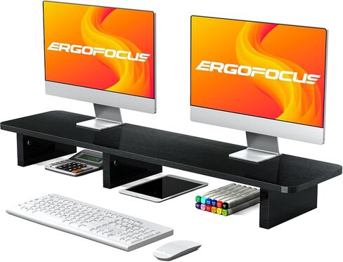 حامل شاشة مزدوج من Ergofoucs، حامل شاشة كبير جدًا لشاشتين، حامل شاشة خشبي مزدوج لسطح الطاولة بالكامل للمكتب مع مساحة تخزين لملحقات المكتب in Kuwait