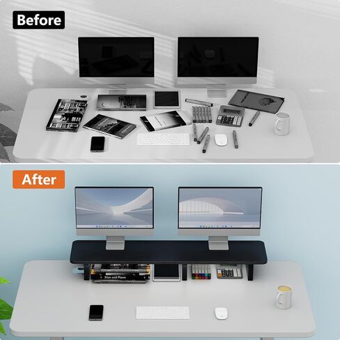 حامل شاشة مزدوج من Ergofoucs، حامل شاشة كبير جدًا لشاشتين، حامل شاشة خشبي مزدوج لسطح الطاولة بالكامل للمكتب مع مساحة تخزين لملحقات المكتب in Kuwait