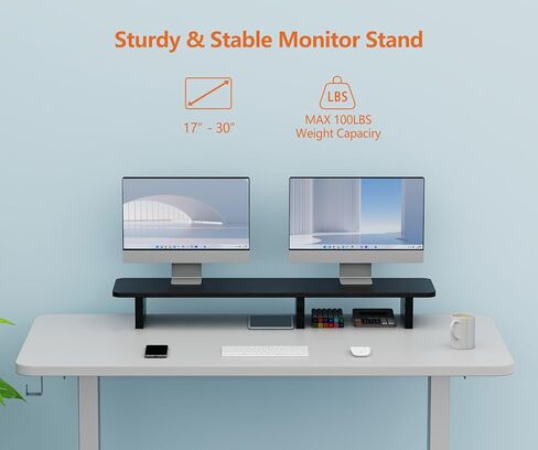 حامل شاشة مزدوج من Ergofoucs، حامل شاشة كبير جدًا لشاشتين، حامل شاشة خشبي مزدوج لسطح الطاولة بالكامل للمكتب مع مساحة تخزين لملحقات المكتب in Kuwait