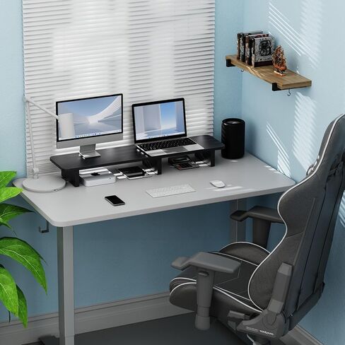 حامل شاشة مزدوج من Ergofoucs، حامل شاشة كبير جدًا لشاشتين، حامل شاشة خشبي مزدوج لسطح الطاولة بالكامل للمكتب مع مساحة تخزين لملحقات المكتب in Kuwait