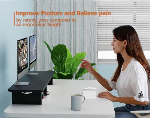 حامل شاشة مزدوج من Ergofoucs، حامل شاشة كبير جدًا لشاشتين، حامل شاشة خشبي مزدوج لسطح الطاولة بالكامل للمكتب مع مساحة تخزين لملحقات المكتب in Kuwait