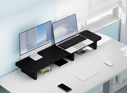 حامل شاشة مزدوج من Ergofoucs، حامل شاشة كبير جدًا لشاشتين، حامل شاشة خشبي مزدوج لسطح الطاولة بالكامل للمكتب مع مساحة تخزين لملحقات المكتب in Kuwait