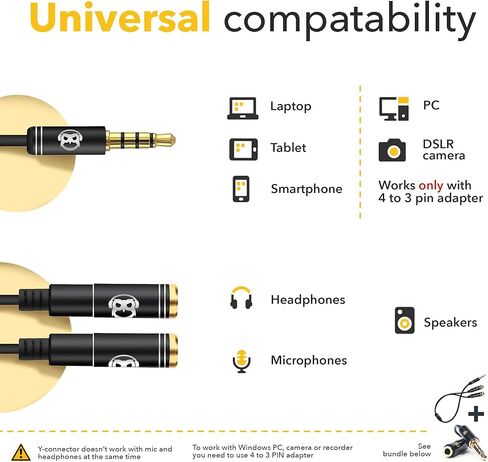 باور دي وايز مقسم ميكروفون وميكروفون على شكل حرف Y - مقسم ميكروفون TRRS - 2 مقسم ميكروفون - مقسم على شكل حرف Y - كيبل مقسم اشارة الصوت على شكل حرف Y لميكروفون لافالير in Kuwait