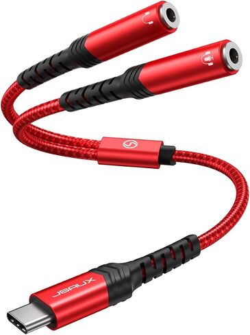 محول ميكروفون JSAUX USB C، USB C إلى ثنائي 3.5 ملم أنثى Aux محول صوت جاك Y Splitter Mic Audio، متوافق مع Samsung Galaxy S21/S20، Pixel 4/3/2 XL، Huawei P40/P30 Pro/P20-Red in Kuwait