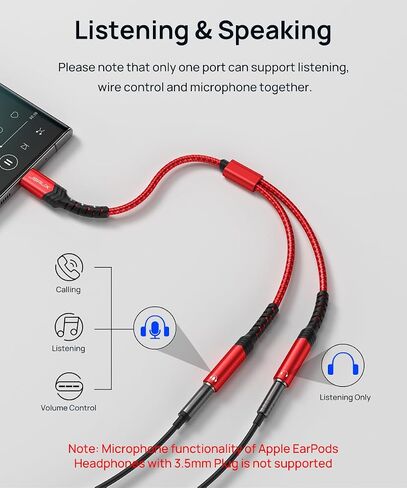 محول ميكروفون JSAUX USB C، USB C إلى ثنائي 3.5 ملم أنثى Aux محول صوت جاك Y Splitter Mic Audio، متوافق مع Samsung Galaxy S21/S20، Pixel 4/3/2 XL، Huawei P40/P30 Pro/P20-Red in Kuwait