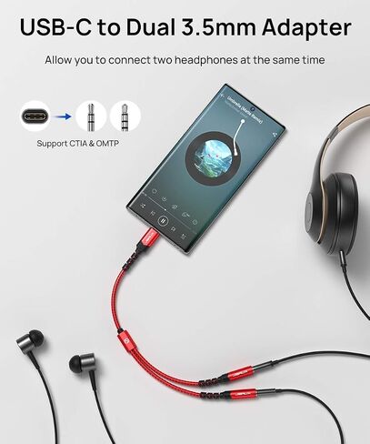 محول ميكروفون JSAUX USB C، USB C إلى ثنائي 3.5 ملم أنثى Aux محول صوت جاك Y Splitter Mic Audio، متوافق مع Samsung Galaxy S21/S20، Pixel 4/3/2 XL، Huawei P40/P30 Pro/P20-Red in Kuwait