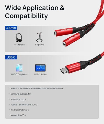 محول ميكروفون JSAUX USB C، USB C إلى ثنائي 3.5 ملم أنثى Aux محول صوت جاك Y Splitter Mic Audio، متوافق مع Samsung Galaxy S21/S20، Pixel 4/3/2 XL، Huawei P40/P30 Pro/P20-Red in Kuwait