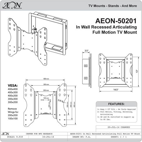 حامل تلفزيون يثبت على الحائط بحركة كاملة بدون خلوص لتلفزيونات LCD او LED او البلازما مقاس 32 الى 55 بوصة - يمتد 19 بوصة in Kuwait