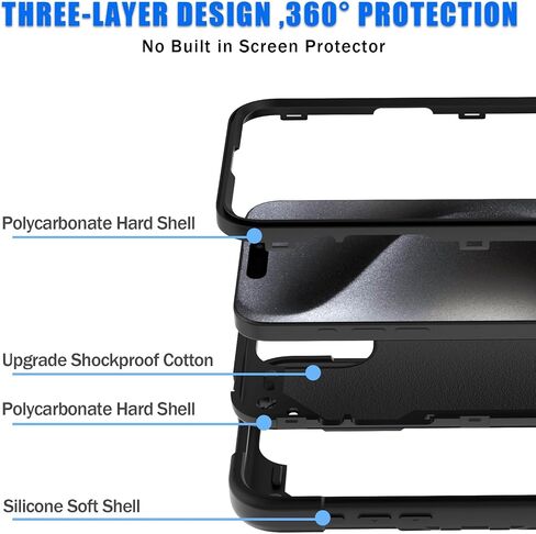 حافظة SUPWANT لهاتف iPhone 15 Pro Max مقاس 6.7 بوصة، حافظة هاتف واقية شديدة التحمل مقاومة للصدمات والسقوط مع حامل حلقي قابل للتعديل، مقاومة للصدمات، حماية كاملة من ثلاث طبقات، أسود in Saudi Arabia