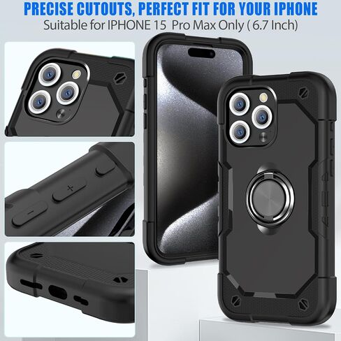حافظة SUPWANT لهاتف iPhone 15 Pro Max مقاس 6.7 بوصة، حافظة هاتف واقية شديدة التحمل مقاومة للصدمات والسقوط مع حامل حلقي قابل للتعديل، مقاومة للصدمات، حماية كاملة من ثلاث طبقات، أسود in Saudi Arabia