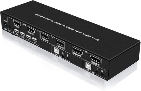 E-SDS شاشة مزدوجة Displayport KVM Switch 2 Port مع الصوت والميكروفون، USB 2.0 Hub، 4k DP KVM Switch، أسود in Kuwait