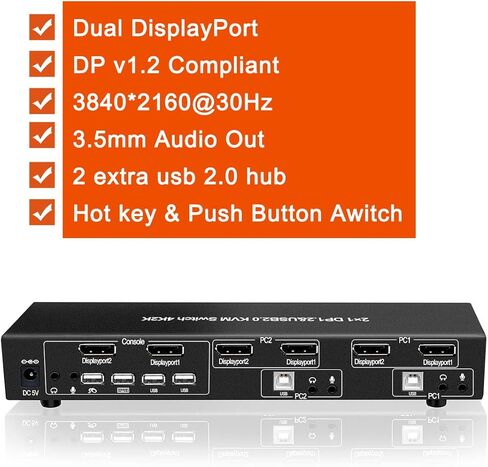 E-SDS شاشة مزدوجة Displayport KVM Switch 2 Port مع الصوت والميكروفون، USB 2.0 Hub، 4k DP KVM Switch، أسود in Kuwait