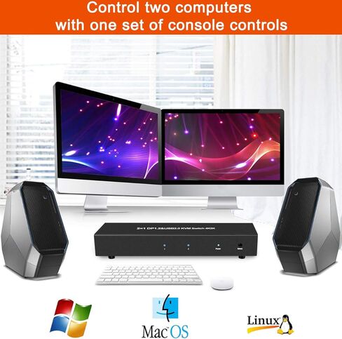 E-SDS شاشة مزدوجة Displayport KVM Switch 2 Port مع الصوت والميكروفون، USB 2.0 Hub، 4k DP KVM Switch، أسود in Kuwait