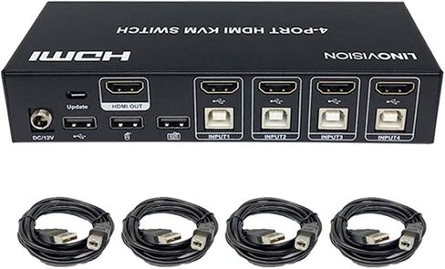 Linovision LINOVISION 4 منافذ KVM سويتش HDMI 4K مزود بمحور USB2.0، باستخدام مجموعة واحدة من شاشة HDMI ولوحة المفاتيح والفأر للتحكم في 4 مشغلات PC/DVR/NVR/PS3/PS4 in Saudi Arabia