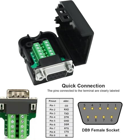 DTech DB9 Breakout Connector DB-9 Male RS232 Serial Adapter Solderless Module Board with Screw Terminals Block, Case, Long Bolts and Tail Pipes (DB9 Male + Long Bolts) in Kuwait