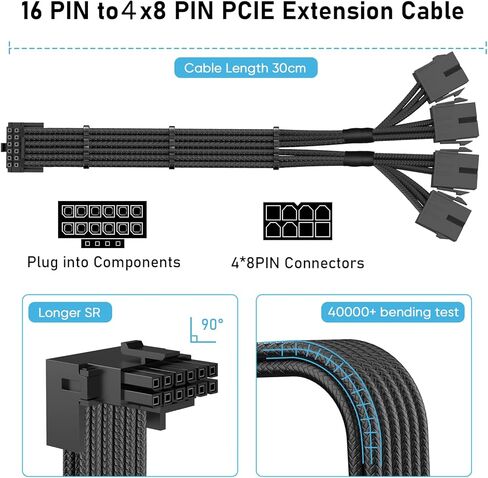 SYBECHATF RTX 4090 4080 4070TI 3090TI 16Pin(12+4) to 4x8Pin Cable with 90 Degree 12VHPWR Connector, PCI-E 5.0 Sleeved Extension Cable,14inch with Cable Combs (16AWG/Black)… in Kuwait