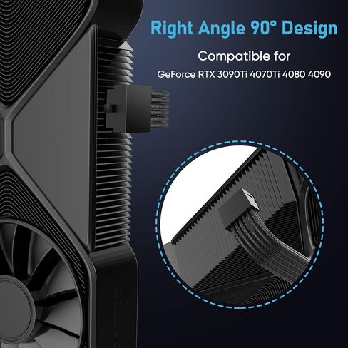 SYBECHATF RTX 4090 4080 4070TI 3090TI 16Pin(12+4) to 4x8Pin Cable with 90 Degree 12VHPWR Connector, PCI-E 5.0 Sleeved Extension Cable,14inch with Cable Combs (16AWG/Black)… in Kuwait