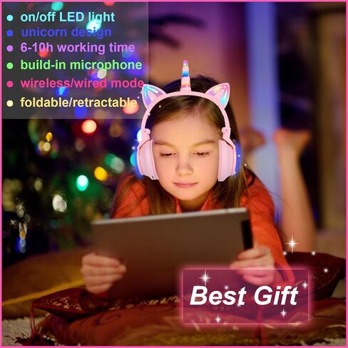 سماعات رأس بلوتوث للأطفال من HOYJACY مع آذان LED للقطط، سماعات رأس لاسلكية/سلكية للأطفال، سماعات رأس ستيريو قابلة للطي فوق الأذن مع ميكروفون مدمج لهدية عيد الميلاد في المدرسة (أرجواني) in Kuwait