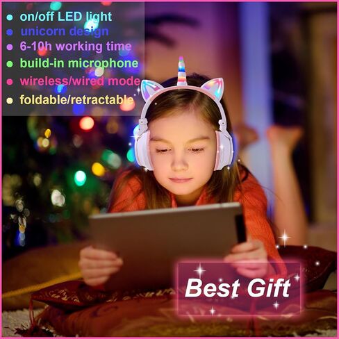سماعات رأس بلوتوث للأطفال من HOYJACY مع آذان LED للقطط، سماعات رأس لاسلكية/سلكية للأطفال، سماعات رأس ستيريو قابلة للطي فوق الأذن مع ميكروفون مدمج لهدية عيد الميلاد في المدرسة (أرجواني) in Kuwait