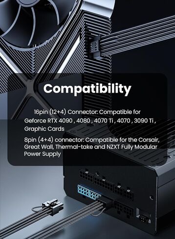 كابل طاقة Fasgear PCIe 5.0 70 سم - 16 سنًا (12+4) موصل 12VHPWR لـ RTX 4070 4060 4050 إلى 2x8pin (4+4) PCI-e Male Plugs GPU سلك بأكمام فقط من أجل Corsair/الجدار العظيم/مصدر الطاقة المعياري الحراري in Kuwait