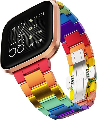 سوار GELISHI ملون متوافق مع أساور Fitbit Versa/Versa 2 /Versa Lite، سوار ساعة معدني رفيع للغاية من الألومنيوم سريع الفك بديل للنساء والفتيات - قوس قزح in Kuwait