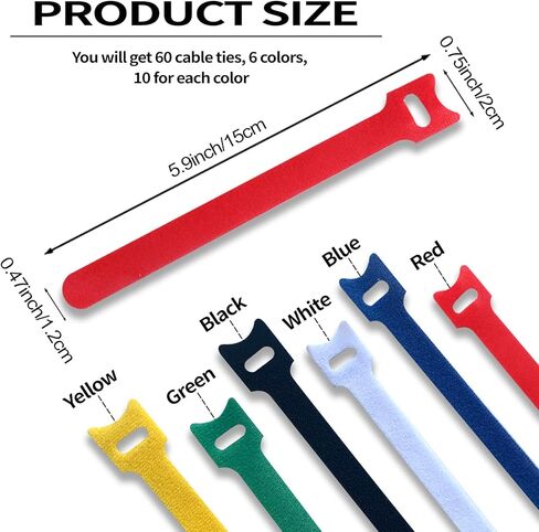 اربطة كيبلات قابلة لاعادة الاستخدام مع خطاف وحلقة، 60 قطعة من منظم الكيبلات، اشرطة ادارة الكيبلات من قماش المايكروفايبر 6 انش، للكمبيوتر/التلفزيون/الالكترونيات، (الوان متنوعة) in Kuwait