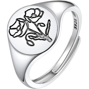 FindChic 925 Sterling Silver Birth Flower Signet Ring Adjustable Size 6 to 11 Round Medal Floral Stamped Jewelry Gift for Mom Daughter, with Gift Box in Saudi Arabia